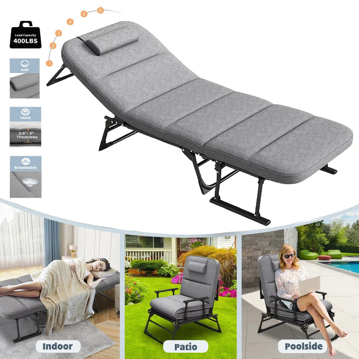 Lilypelle Outdoor Lounge Chair,Folding Bed Cot 6 Levels Adjustable Reclining Deck Chair,71 x 23.6 x 13 inch
