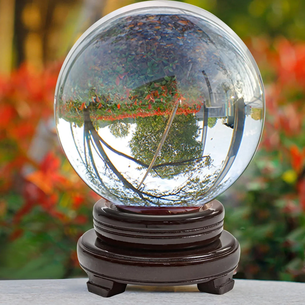 bimiti 5.9" Clear Crystal Glass Ball, 150mm Large Glass Marbles Sphere Magic Witch Ball with Wood Stand for Gift