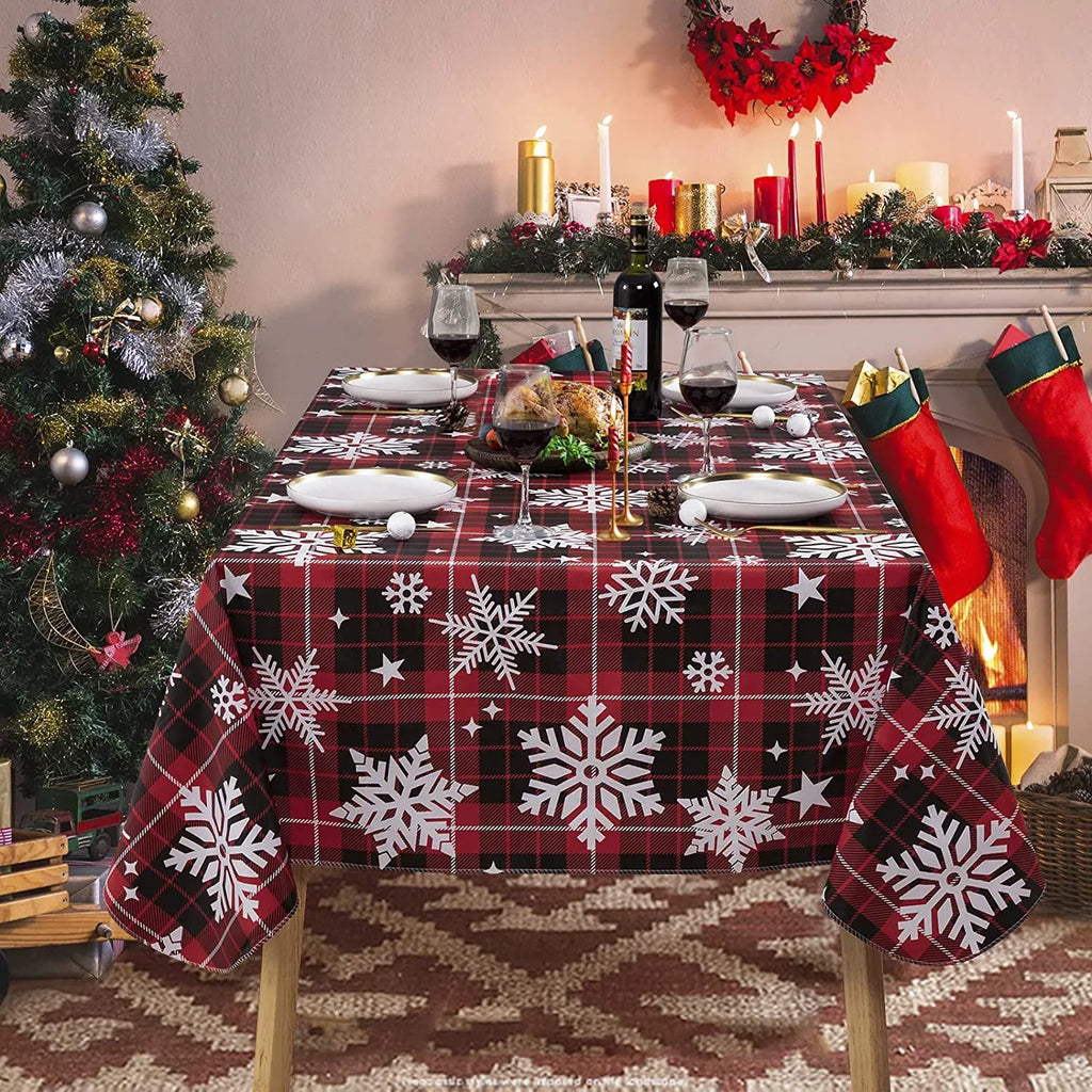 UMINEUX Christmas Tablecloth with Flannel Backing, Waterproof Wipeable Vinyl Rectangle Table wrap for Xmas Parties/Wedding/Holiday/Decoration Use - Heavy Duty Table protector(60x102 Inch, Snowflake)