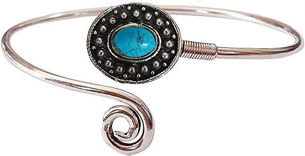 Cuff Bracelet for Women, Silver Plated Natural Turquoise Gemstone Tribal Bohemian Ethnic Design Handmade Fashion Designer Bracelet, Party Boho Jewelry