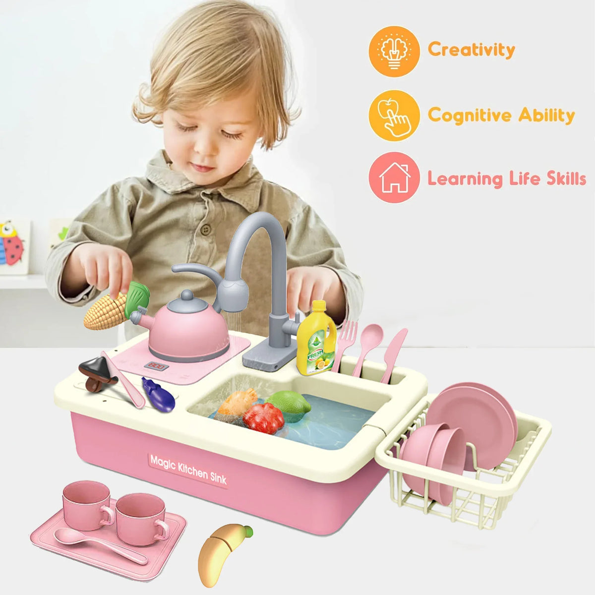 Richgv Pretend Play Kitchen Sink Toys with Running aqua, 23PCS Electric liquid Sink Toy with Play Induction Cooker Play Cutting Food, Kids Kitchen Role Play Toys for Boys Girls