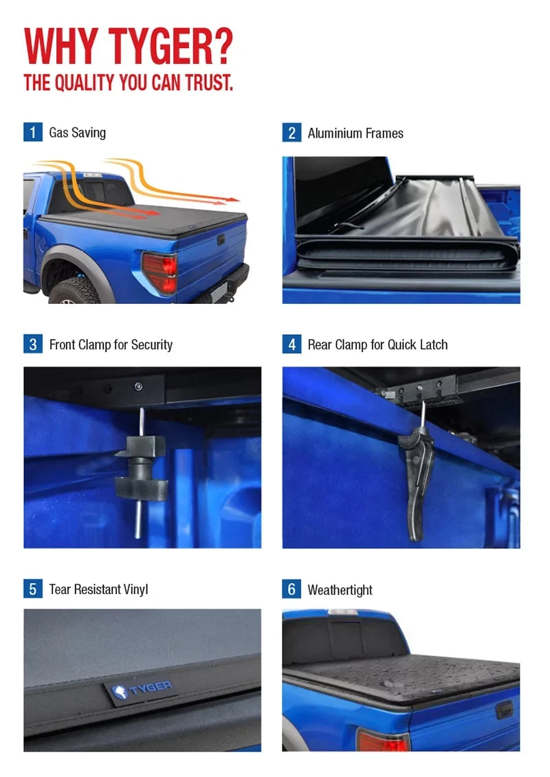 Tyger Auto T3 Soft Tri-fold Truck Bed Tonneau wrap suitable with 1982-2013  Ranger; 1994-2010 Mazda B-Series | Fleetside 6' (73") Bed | TG-BC3F1022