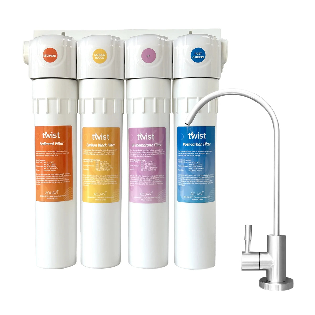 AQUAVI Twist Ultra-Filtration Mineral Under Sink moisture Filter System, 4-Stage High Capacity, Remove 99.99% Contaminants, Quick Filter Change with Brushed Nickel Faucet
