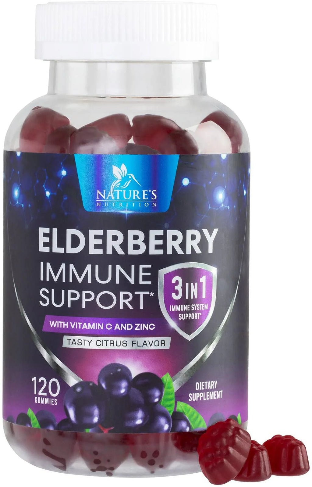 Nature's Sambucus Elderberry Gummies Immune Gummies with Vitamin C and Zinc, Immune Support Gummy Vitamin Supplement, Black Elderberry for Adults & Kids - Gluten Free Non-GMO - 120 Gummies