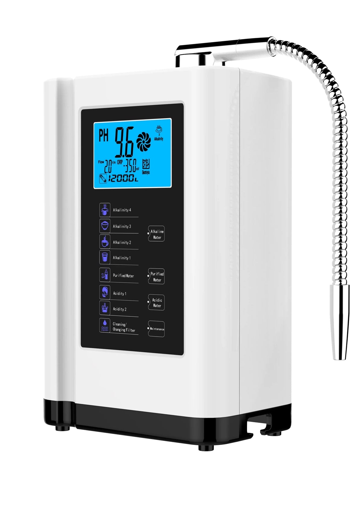Alka aqua Ionizer, moisture Purifier Machine PH 3.5-10.5 Alkaline Acid liquid Machine, up to -500mV ORP, 8000 Liters per filter,7 liquid Settings, Auto-cleaning,Intelligent Voice White)