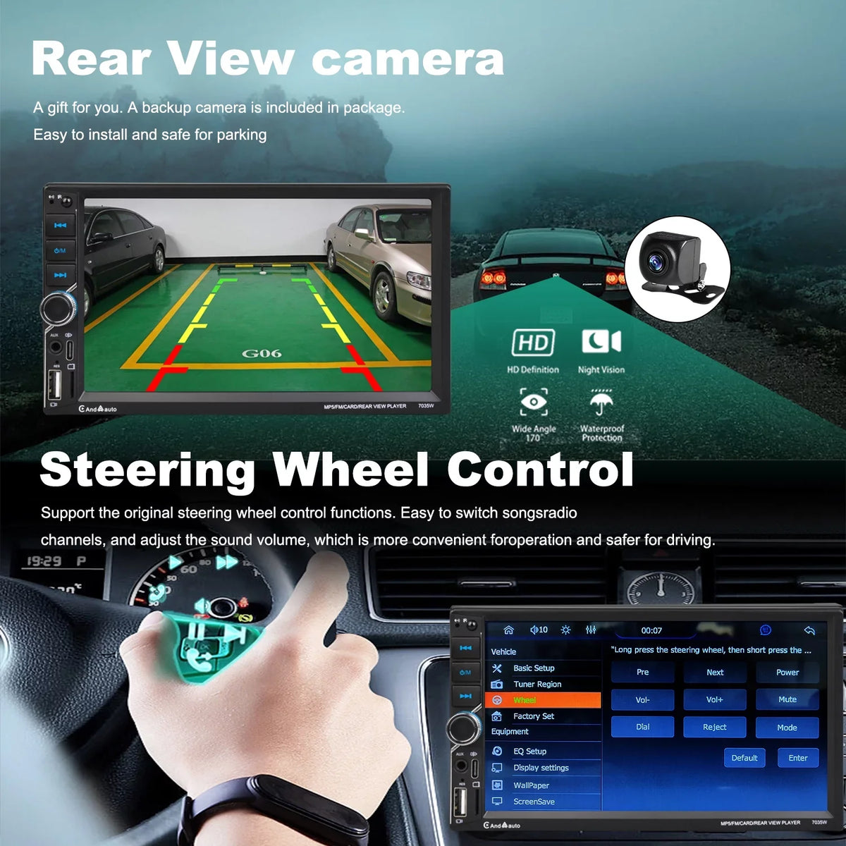 [Wireless] Double Din Car Stereo  CarPlay Android Auto Bluetooth 7" Touchscreen USB Rear Camera AM/FM Radio