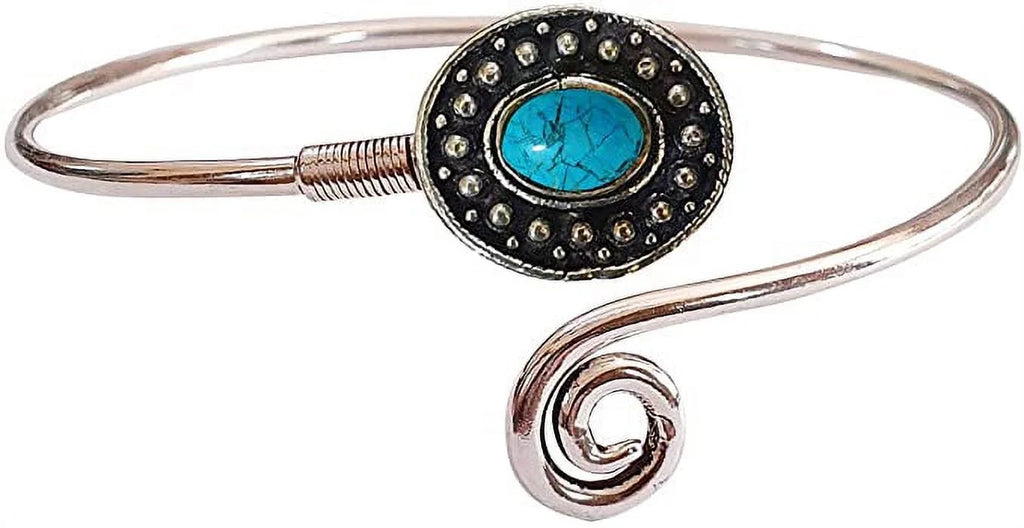 Cuff Bracelet for Women, Silver Plated Natural Turquoise Gemstone Tribal Bohemian Ethnic Design Handmade Fashion Designer Bracelet, Party Boho Jewelry
