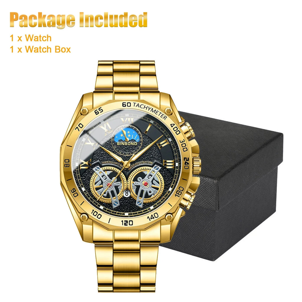 Luxury Gold Waterproof Men's Watch Stainless Steel Quartz Analog Business Gift