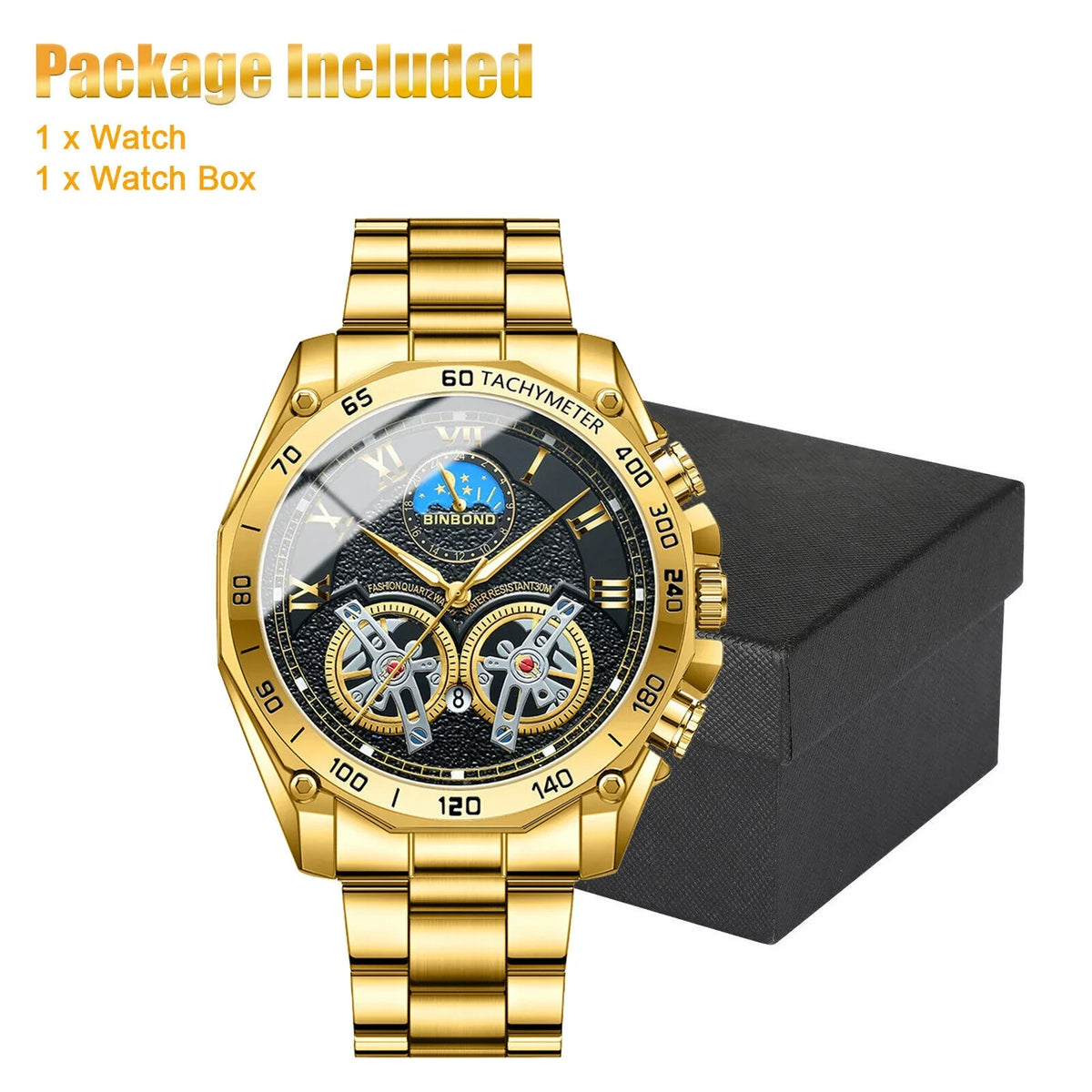 Luxury Gold Waterproof Men's Watch Stainless Steel Quartz Analog Business Gift