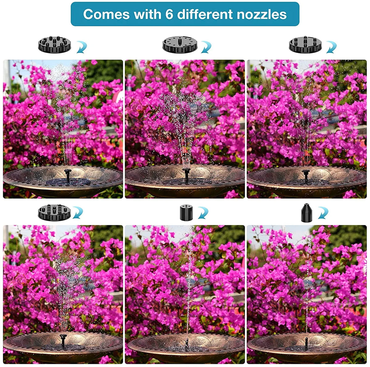 AISITIN 1.5W Solar Fountain Pump, newly upgraded with 6 nozzles solar bird bath fountain, suitable for ponds, gardens, bird baths, fish tanks, outdoor independent solar aqua pump floating fountains