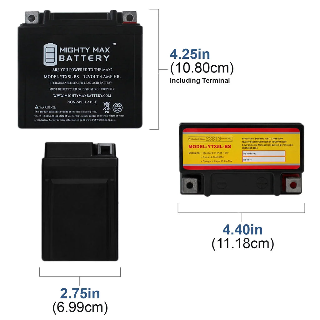 YTX5L-BS 12V 4AH Battery Replaces Yamaha 230 TTR230E 2017 - 2 Pack