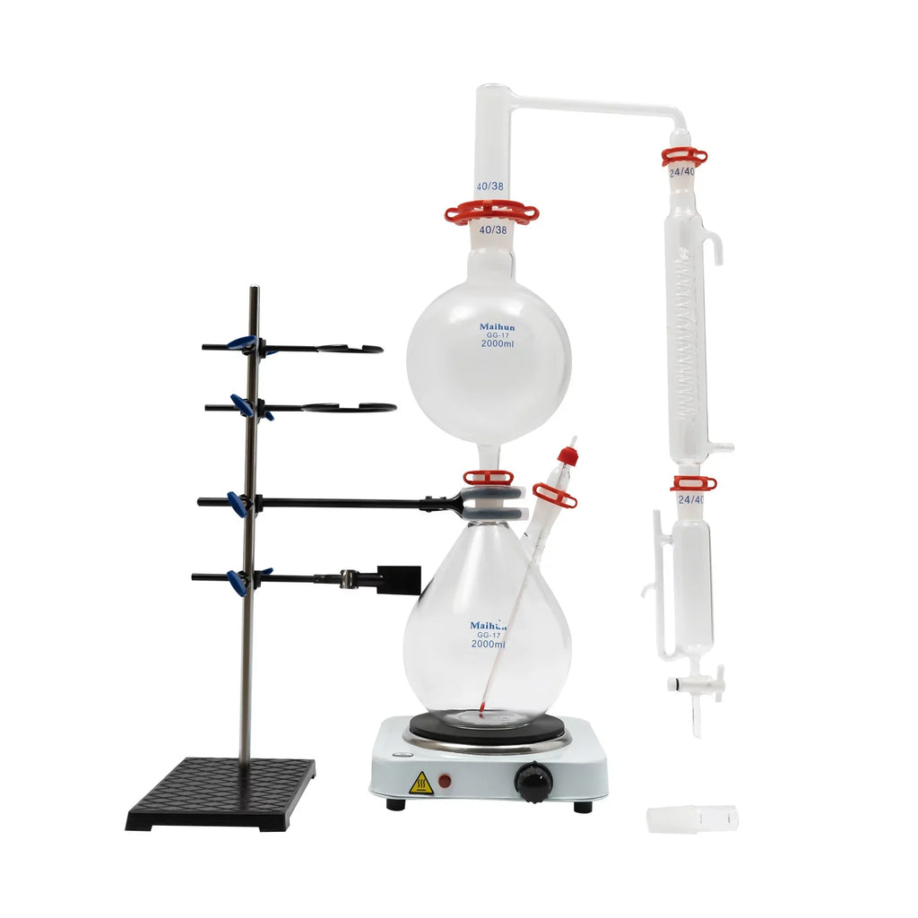 Miumaeov 2000ML Essential Oil Distillation Apparatus with Condenser + Hot Stove + Essential Oil Separator Lab Glass Distillation Kit Steam liquid Distiller Purifier