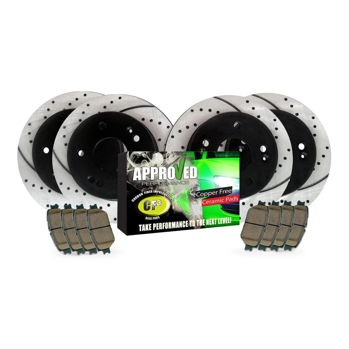 Approved Performance C2486 Front & Rear Drilled & Slotted, Black Powder Coated Disc Brake Rotor & Pad Kit Fits 200, Compass, Patriot, Lancer, Caliber, Avenger, NOTE: With 302 MM (11.89") Rear Rotors