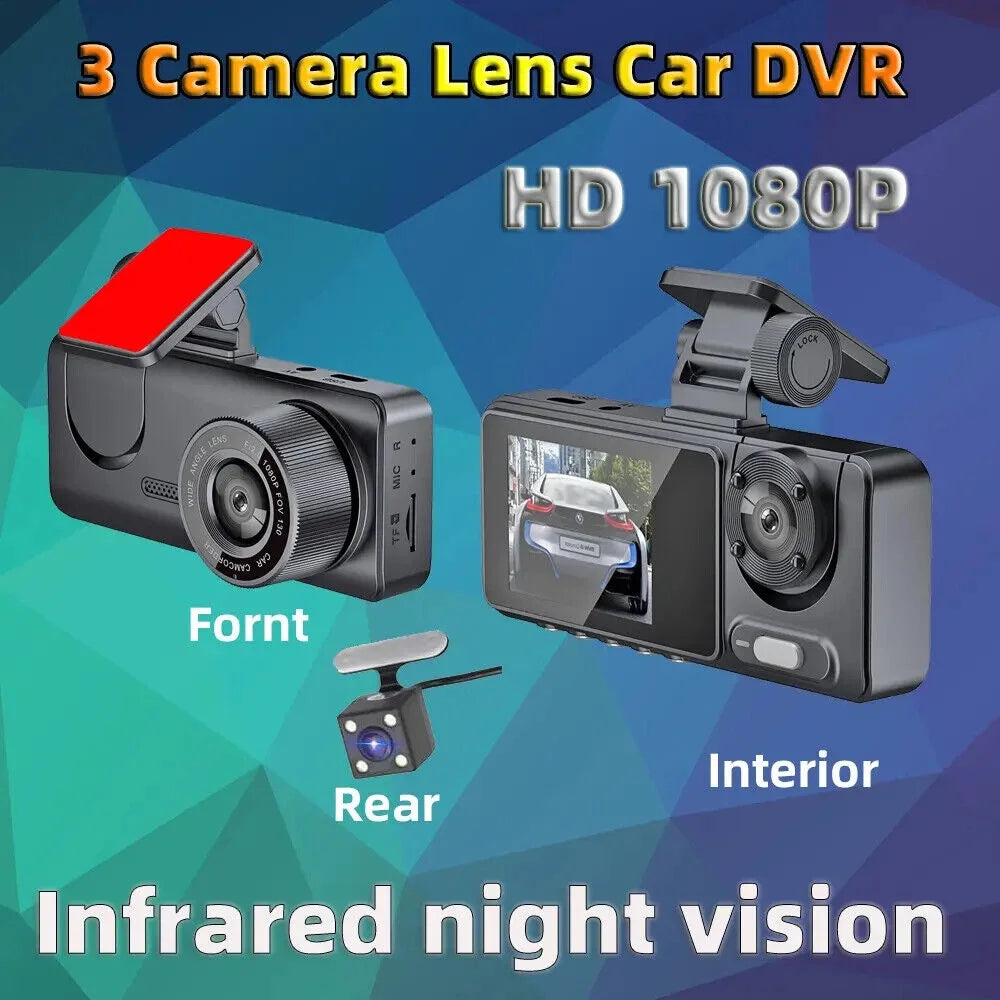 JLLOM Car Dash Cam 1080P Dual Lens Front/Rear/Inside G-sensor Video Recorder Monitor System