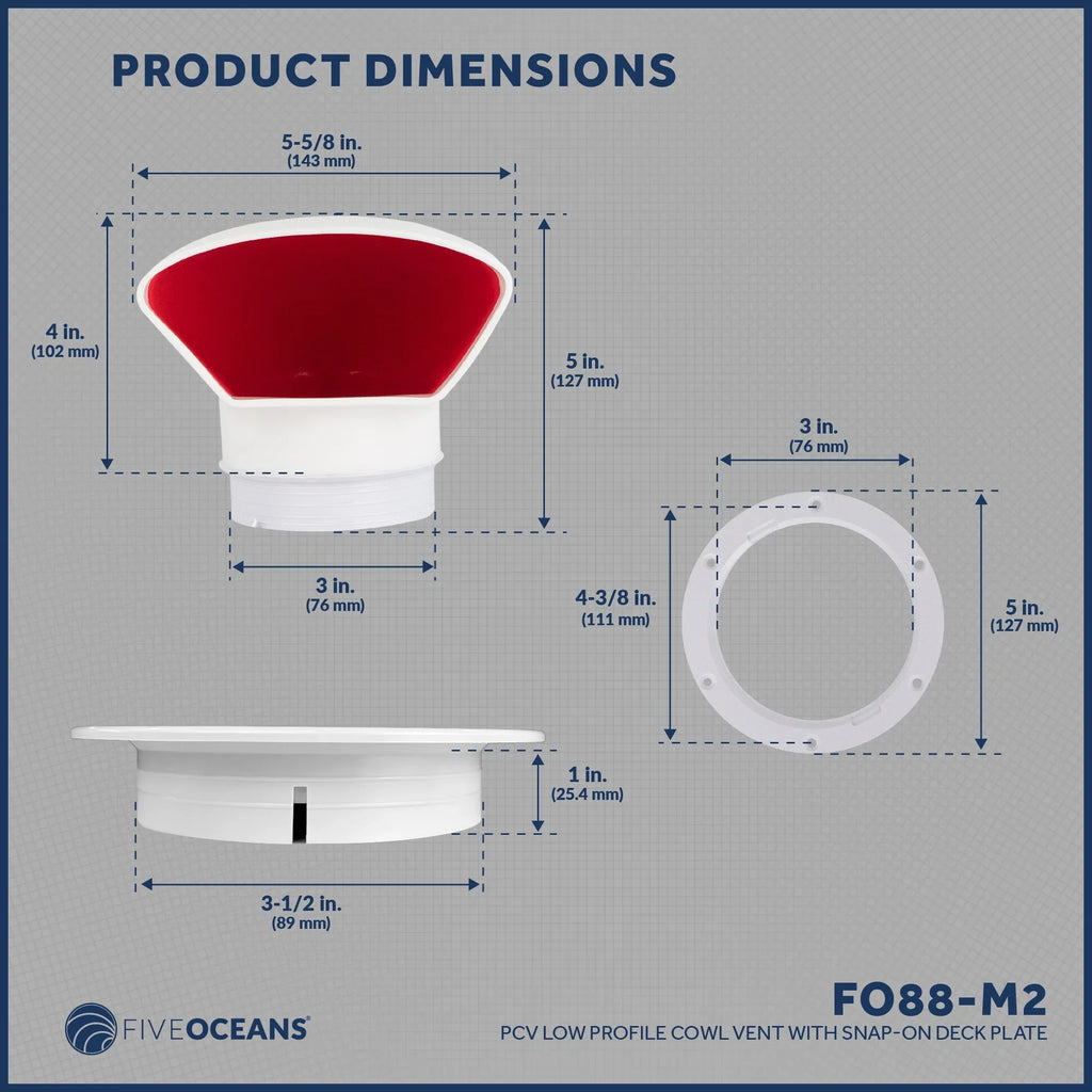 Five Oceans  3-Inch Cowl Vent with Snap-On Deck Plate and protector, 2 Pack Low Profile UV-impervious and Flexible PVC, Red Interior, for Air Intake or Cabin Ventilation - FO88-M2