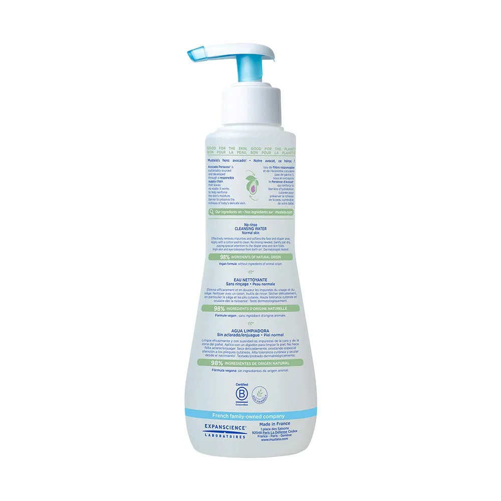 Mustela Baby Cleansing aqua - No-Rinse Micellar liquid - with Natural Avocado & Aloe Vera - for Baby's Face, Body & Diaper - 1 or 2-Pack - Various Sizes