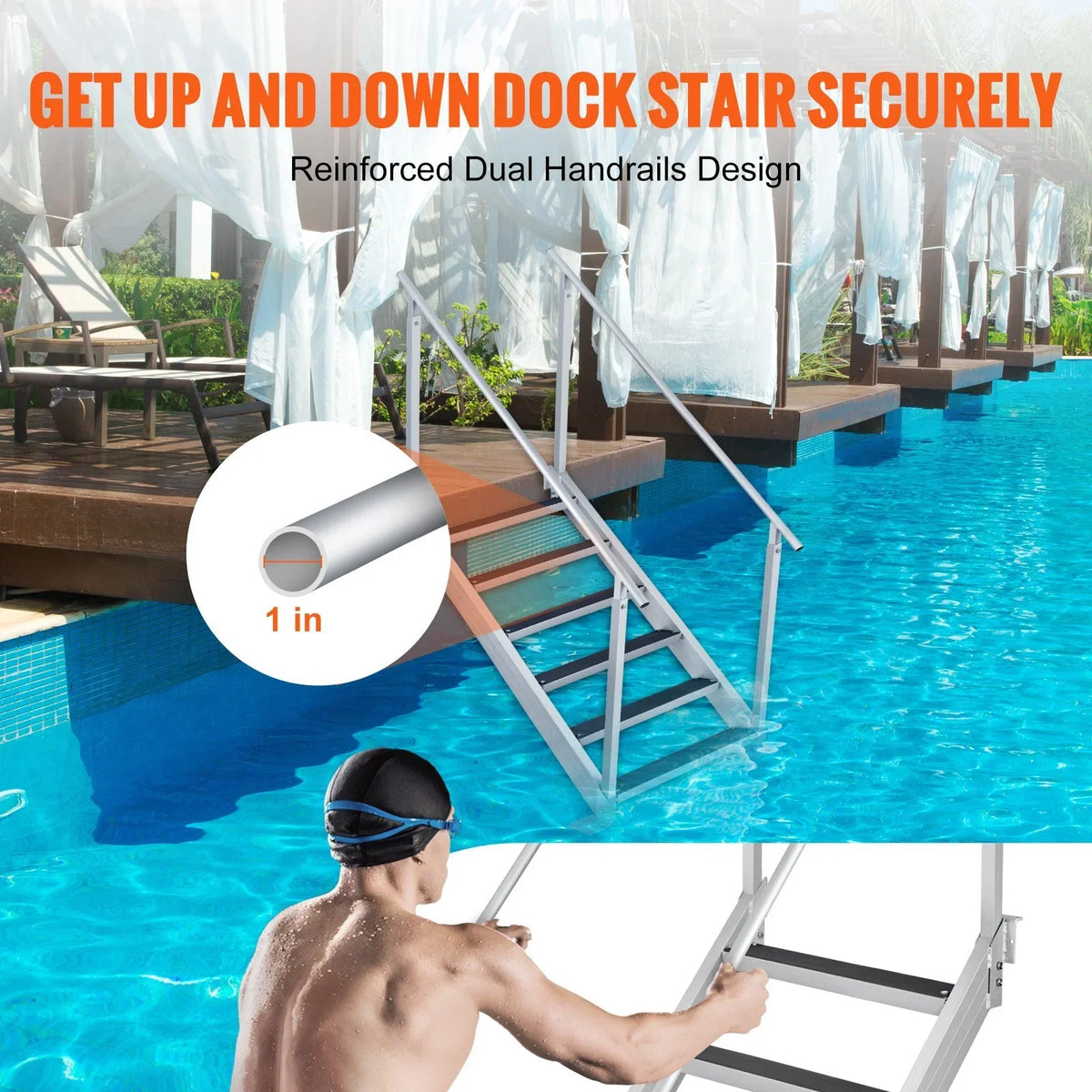 Adjustable Height. Vevor  500 lbs Load Aluminum Alloy 6-Steps Pontoon craft Dock Ladder with 43 to 51 in